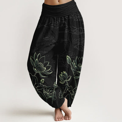 Buddha Stones Pure Cotton Concise Lotus Flower Leaf Pod Bud Cloud Patterns. Pattern Women's Elastic Waist Harem Pants - Black - US16，UK/AU20，EU48 (3XL) - image 8