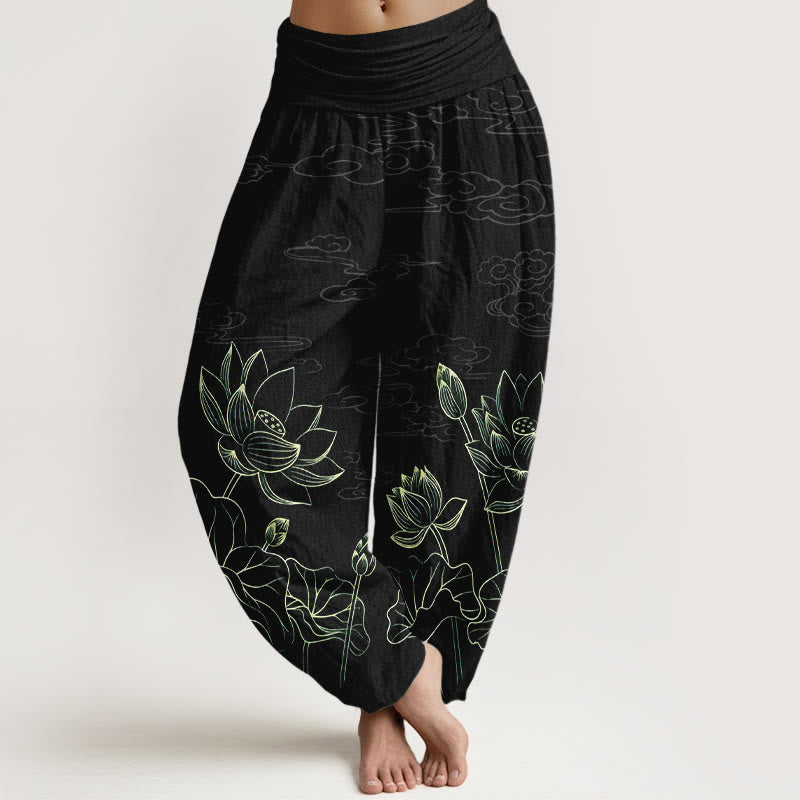 Buddha Stones Pure Cotton Concise Lotus Flower Leaf Pod Bud Cloud Patterns. Pattern Women's Elastic Waist Harem Pants - Black - US16，UK/AU20，EU48 (3XL) - image 8
