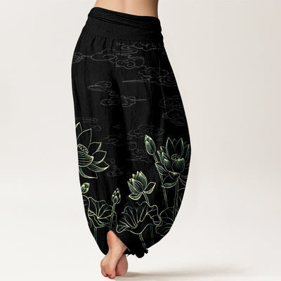 Buddha Stones Pure Cotton Concise Lotus Flower Leaf Pod Bud Cloud Patterns. Pattern Women's Elastic Waist Harem Pants - image 9