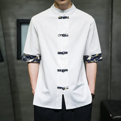 Buddha Stones Solid Color Frog-Button Stand Collar Men's Short Sleeve White Crane Cotton Shirt - White - US/UK/AU46，EU56 (5XL) - image 9