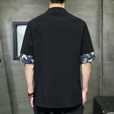 Buddha Stones Solid Color Frog-Button Stand Collar Men's Short Sleeve White Crane Cotton Shirt - image 3