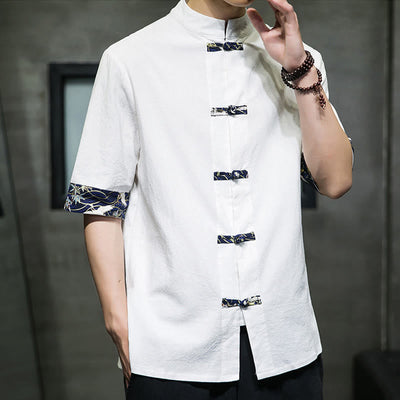Buddha Stones Solid Color Frog-Button Stand Collar Men's Short Sleeve White Crane Cotton Shirt - image 10
