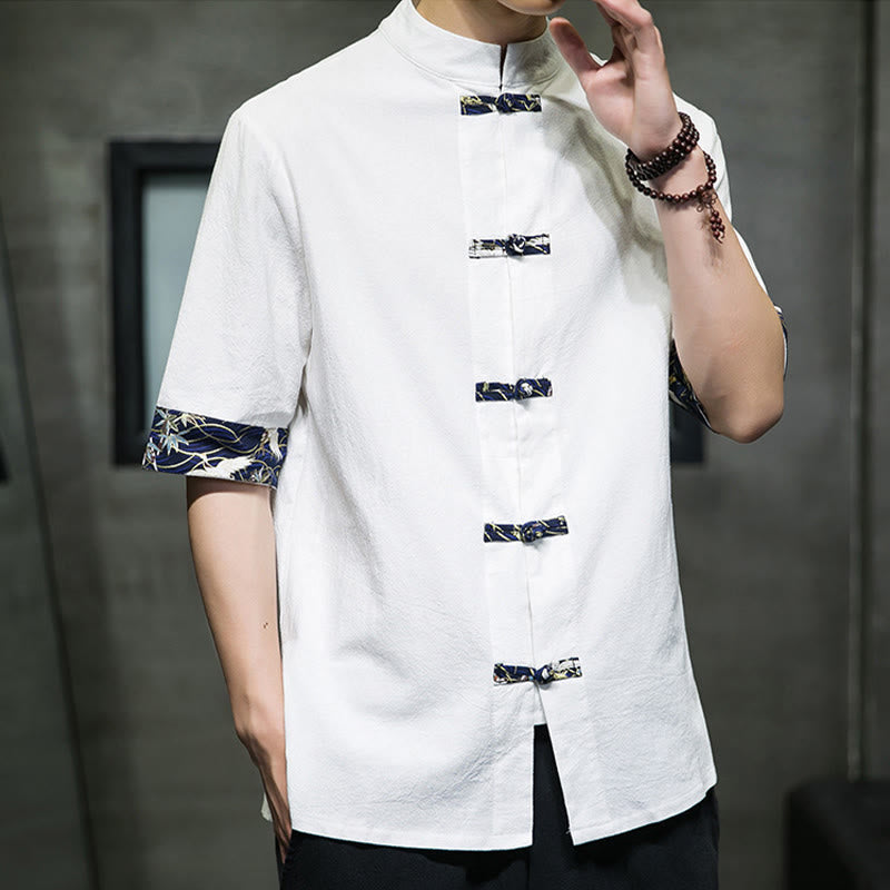 Buddha Stones Solid Color Frog-Button Stand Collar Men's Short Sleeve White Crane Cotton Shirt - image 10