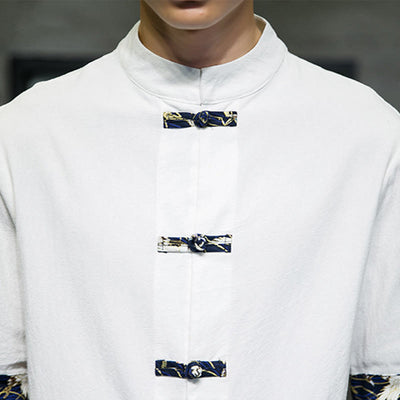 Buddha Stones Solid Color Frog-Button Stand Collar Men's Short Sleeve White Crane Cotton Shirt - image 16