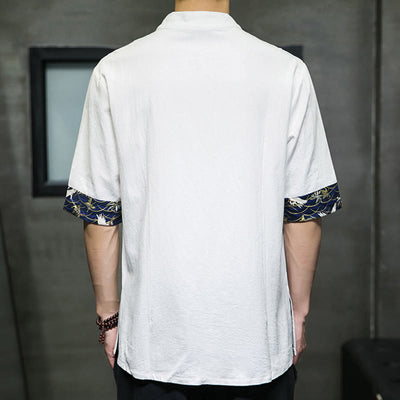 Buddha Stones Solid Color Frog-Button Stand Collar Men's Short Sleeve White Crane Cotton Shirt - image 12