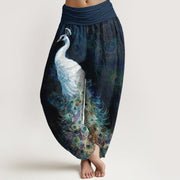 Pantalon sarouel pour femme Foviel en pur coton avec motif paon magnifique et taille élastique