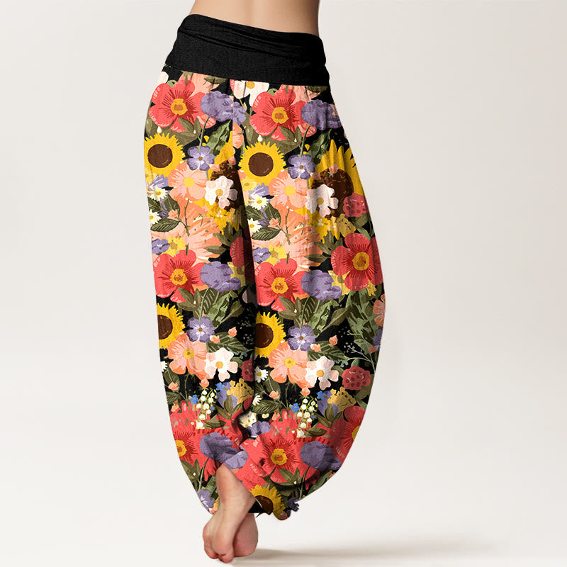 Buddha Stones Pure Cotton Colorful Sunflower Daisy Small Red Purple Flowers Pattern Women's Elastic Waist Harem Pants - image 1