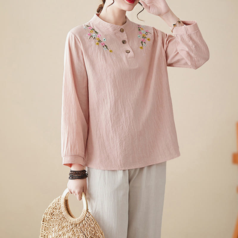 Buddha Stones Women's Spring Embroidered Flower Pattern Stand Collar Long Sleeve Cotton Shirt - image 2