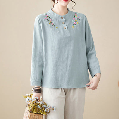 Buddha Stones Women's Spring Embroidered Flower Pattern Stand Collar Long Sleeve Cotton Shirt - image 7