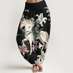 Buddha Stones Pure Cotton Romantic Horse Lily Peony Pattern Women's Elastic Waist Harem Pants - Black - US16，UK/AU20，EU48 (3XL) - image 0