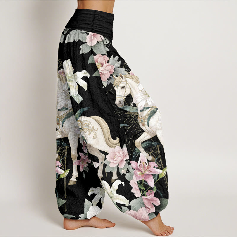 Buddha Stones Pure Cotton Romantic Horse Lily Peony Pattern Women's Elastic Waist Harem Pants - image 2