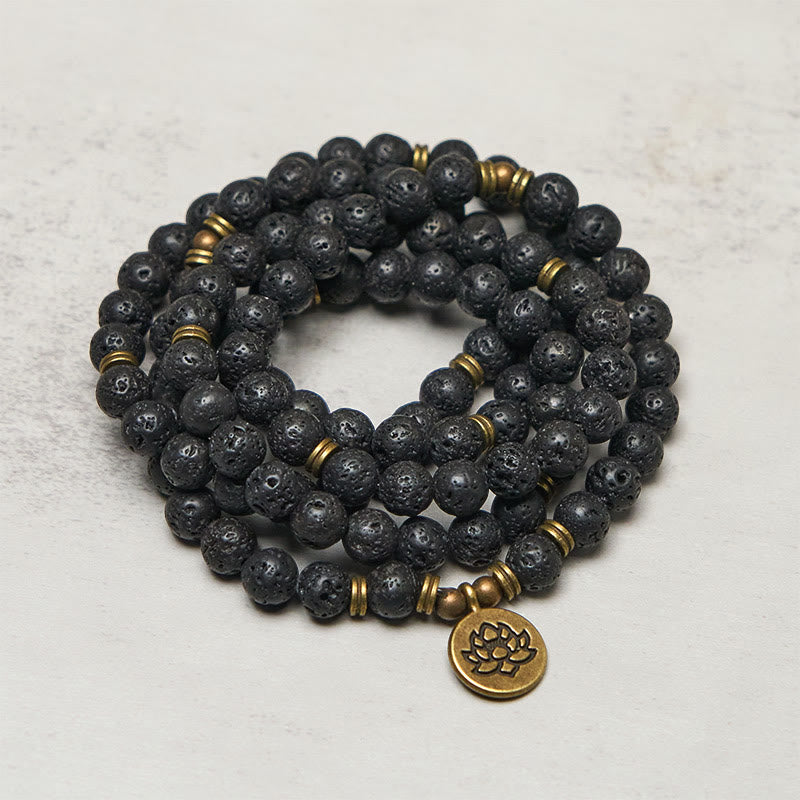 Buddha Stones Retro Lotus Symbol Charm Lava Rock Bead Healing New Beginning Mala - image 1