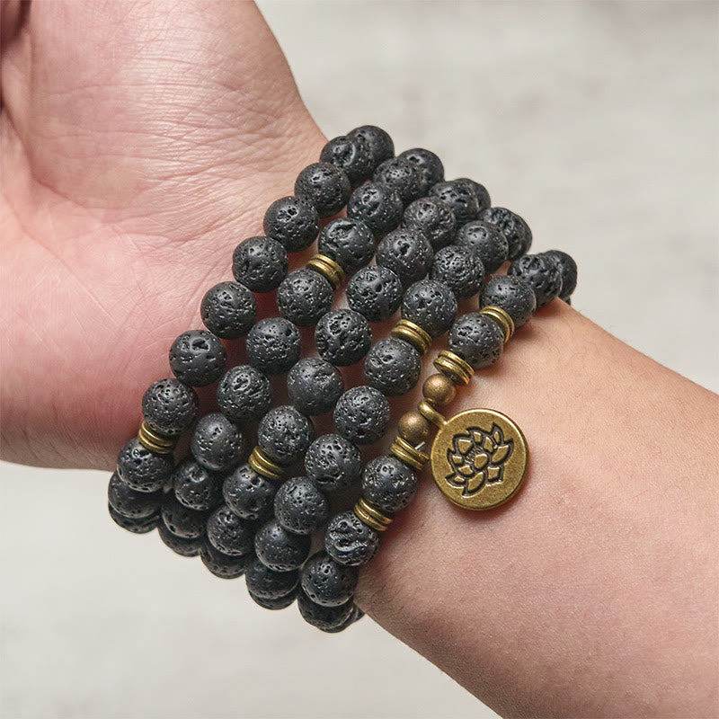 Buddha Stones Retro Lotus Symbol Charm Lava Rock Bead Healing New Beginning Mala - image 3