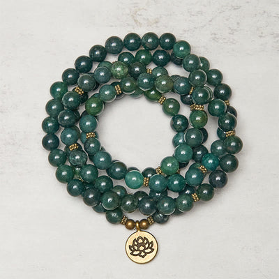 Buddha Stones Lotus Symbol Charm Round Bead Moss Agate Healing Mala - Moss Agate - 8mm - image 0