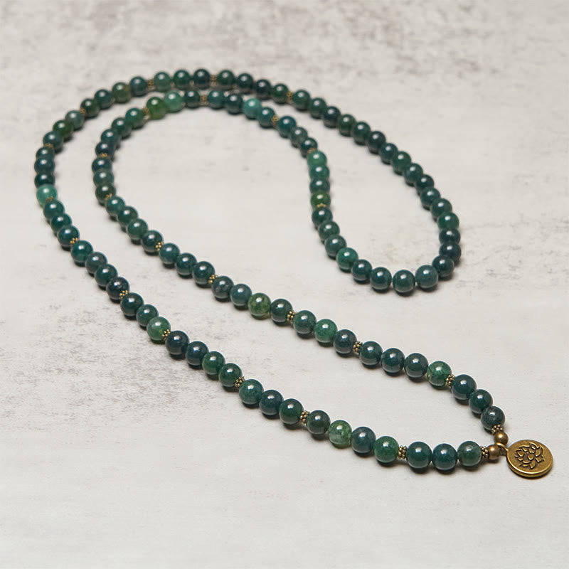 Buddha Stones Lotus Symbol Charm Round Bead Moss Agate Healing Mala - image 2