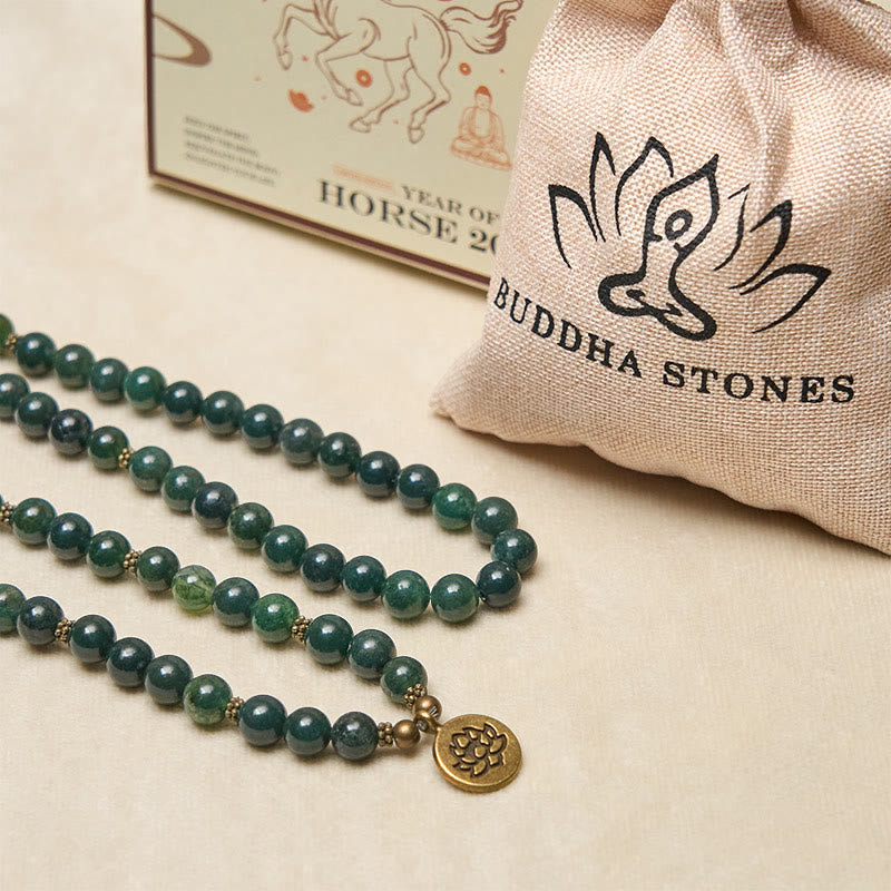 Buddha Stones Lotus Symbol Charm Round Bead Moss Agate Healing Mala - image 5