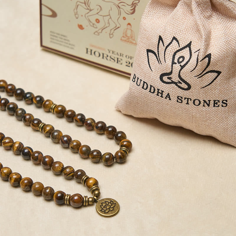 Buddha Stones Lotus Symbol Tiger Eye Beaded Strength Mala - image 5