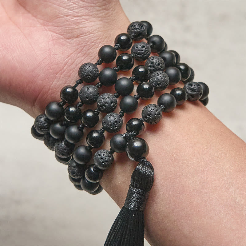 Buddha Stones 8mm Beads Black Onyx Lava Rock Tassel Protection Fortune Mala - image 3