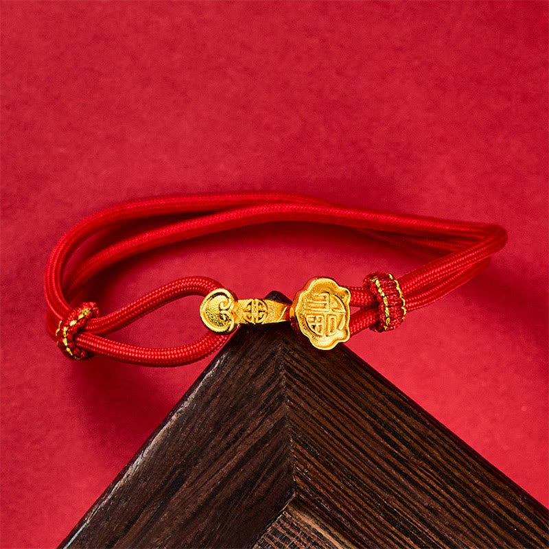 Buddha Stones Ruyi Handle Fu Character Copper Plated Gold Rope Adjustable Luck Bracelet - image 2