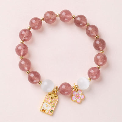 Buddha Stones Lucky Cat Peach Blossoms Charm Strawberry Quartz White Cat's Eye Healing Bracelet - image 0