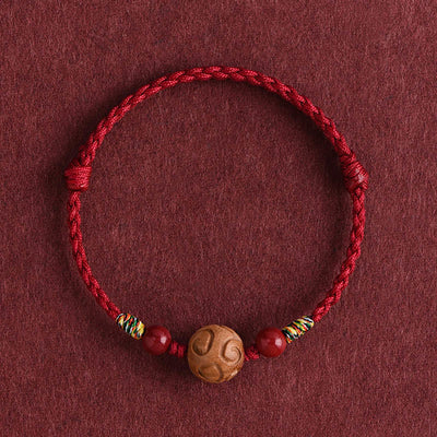 Buddha Stones Carved Auspicious Pattern Natural Peach Wood Rope Luck Bracelet - Darkred Rope(Wrist Circumference: 13-18cm) - image 9