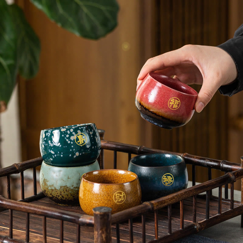 Buddha Stones Hand Painted Fu Character Ceramic Teacup Kung Fu Tea Cup 125ml - A Set Of Five 7.5cm*5.2cm*125ml - image 0