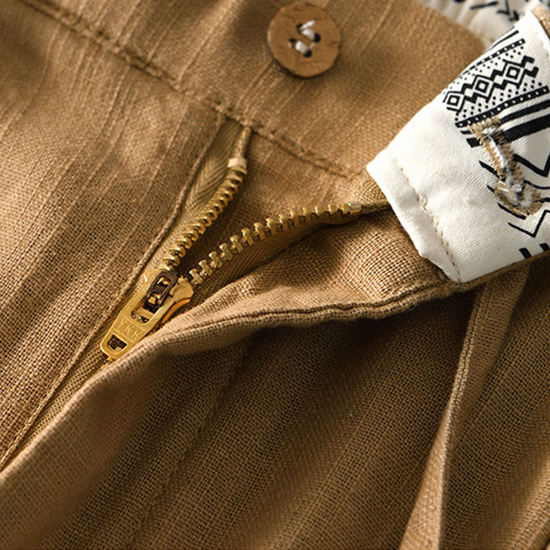 Buddha Stones Fall Solid Drawstring Zipper Men's Linen Wide Leg Pants With Pockets - image 23
