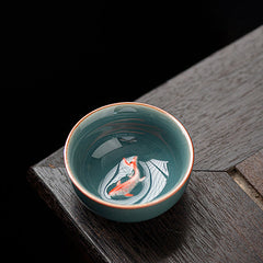 Buddha Stones Hand Painted Koi Fish Ceramic Teacup Kung Fu Tea Cup 50ml - Dark Blue 6.4cm*2.8cm*50ml - image 0