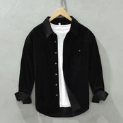 Foviel Fall Decorative Pocket Buttons Down Stand Collar Long Sleeve Men's Cotton Corduroy Shirt