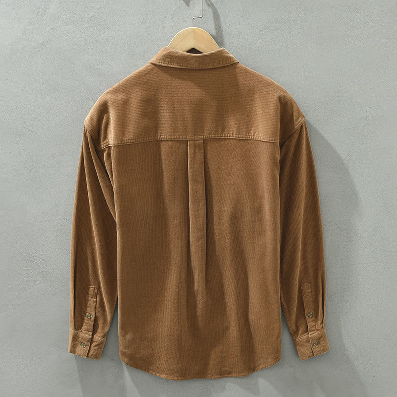 Buddha Stones Fall Decorative Pocket Buttons Down Stand Collar Long Sleeve Men's Cotton Corduroy Shirt - image 1