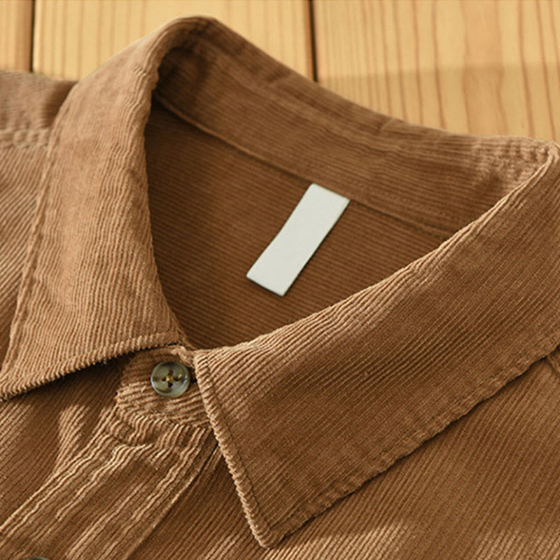 Buddha Stones Fall Decorative Pocket Buttons Down Stand Collar Long Sleeve Men's Cotton Corduroy Shirt - image 3