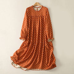 Buddha Stones Fall Polka Dot Design Crew Neck Long Sleeve Women's Midi Dress - Coral - US14，UK/AU18，EU46 (2XL) - image 0
