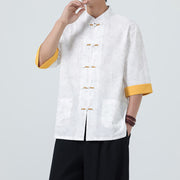 Foviel Summer Peach Blossoms Pattern Chinese Frog-Button Cotton Linen Short Sleeve Men's Shirt