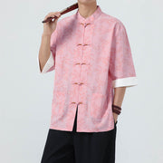 Foviel Summer Peach Blossoms Pattern Chinese Frog-Button Cotton Linen Short Sleeve Men's Shirt