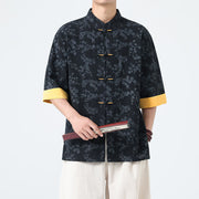 Foviel Summer Peach Blossoms Pattern Chinese Frog-Button Cotton Linen Short Sleeve Men's Shirt