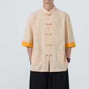 Foviel Summer Peach Blossoms Pattern Chinese Frog-Button Cotton Linen Short Sleeve Men's Shirt