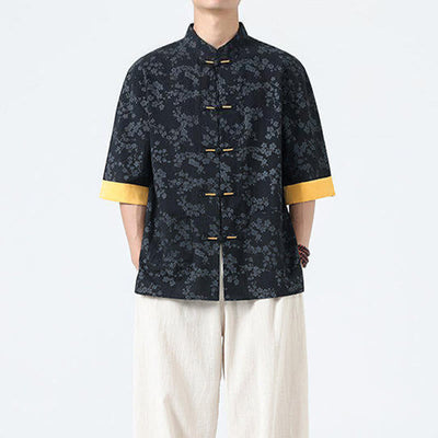 Buddha Stones Summer Peach Blossoms Pattern Chinese Frog-Button Cotton Linen Short Sleeve Men's Shirt - image 4