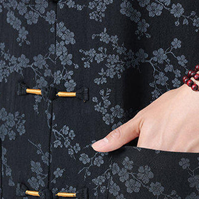 Buddha Stones Summer Peach Blossoms Pattern Chinese Frog-Button Cotton Linen Short Sleeve Men's Shirt - image 7