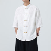 Foviel Summer Bamboo Leaves Pattern Chinese Frog-Button Cotton Linen Short Sleeve Men's Shirt