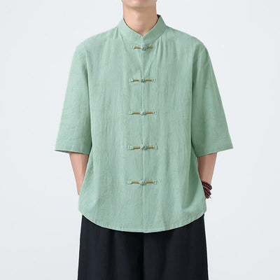 Buddha Stones Summer Bamboo Leaves Pattern Chinese Frog-Button Cotton Linen Short Sleeve Men's Shirt - Aquamarine - US/UK/AU46，EU56 (5XL) - image 11