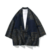 Foviel Geometry Floral Stripes Butterfly Ink Open Front Half Sleeve Jacket Men's Kimono