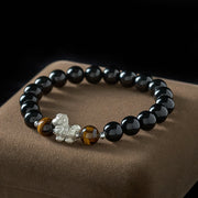 Foviel Year Of The Horse 999 Sterling Silver Horse Charm Black Obsidian Tiger Eye Strength Bracelet