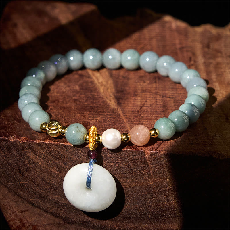 Buddha Stones Peace Buckle Jade Round Beaded Luck Auspicious Bracelet - Jade(Wrist Circumference: 14-16cm) - 6.8mm - image 0