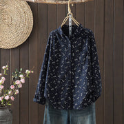 Foviel Fall Small Floral Pattern Buttons Down Design Long Sleeve Women's Cotton Shirt