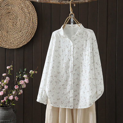 Buddha Stones Fall Small Floral Pattern Buttons Down Design Long Sleeve Women's Cotton Shirt - White - US8-10，UK/AU12-14，EU40-42 (2XL) - image 11