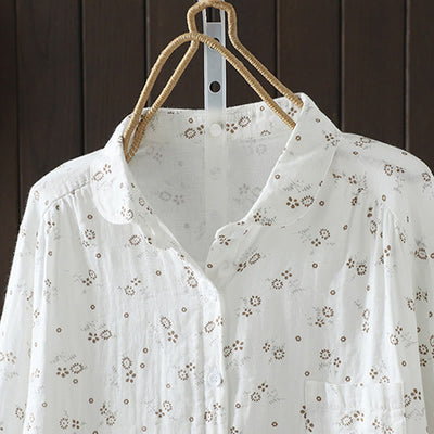 Buddha Stones Fall Small Floral Pattern Buttons Down Design Long Sleeve Women's Cotton Shirt - image 12