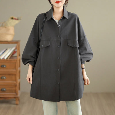 Buddha Stones Fall Pure Color Lapel Button Simple Design Women's Cotton Long Sleeve Jacket - image 4