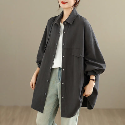 Buddha Stones Fall Pure Color Lapel Button Simple Design Women's Cotton Long Sleeve Jacket - image 1