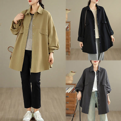 Buddha Stones Fall Pure Color Lapel Button Simple Design Women's Cotton Long Sleeve Jacket - image 22