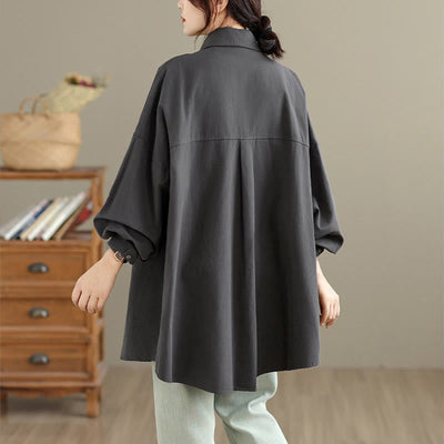 Buddha Stones Fall Pure Color Lapel Button Simple Design Women's Cotton Long Sleeve Jacket - image 2